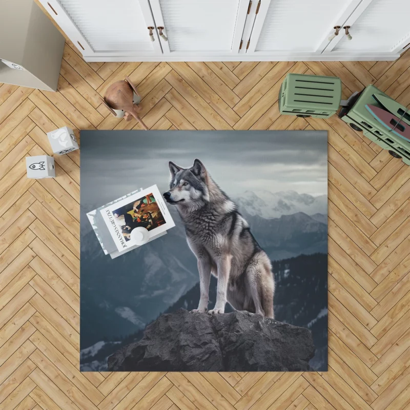 Grey Wolf Under Full Moon Rug