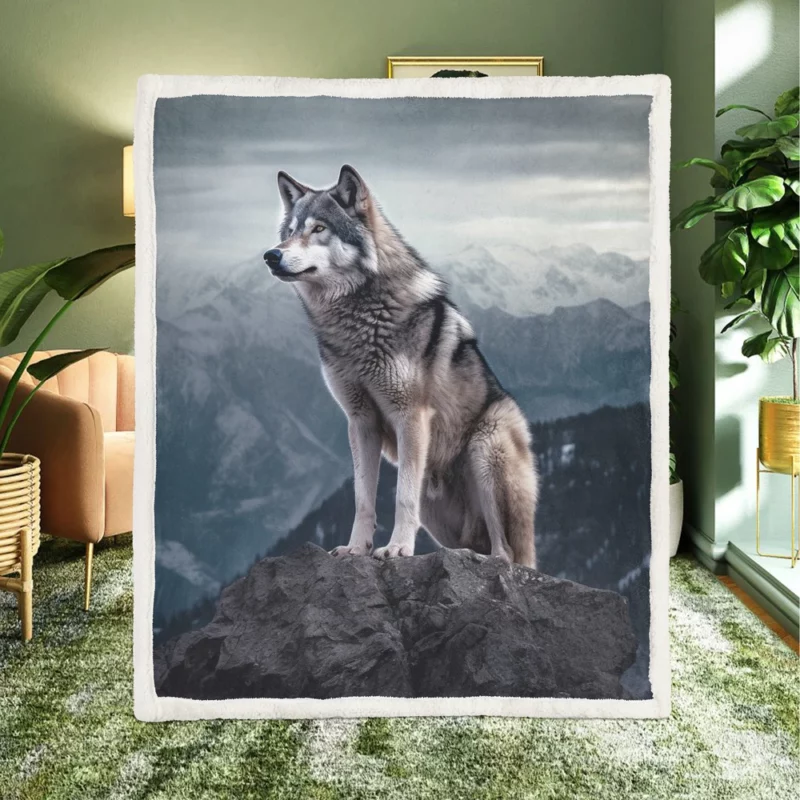 Grey Wolf Under Full Moon Sherpa Fleece Blanket