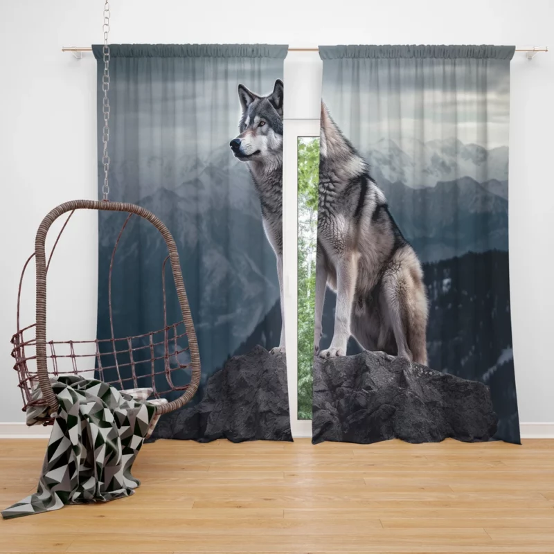 Grey Wolf Under Full Moon Window Curtain