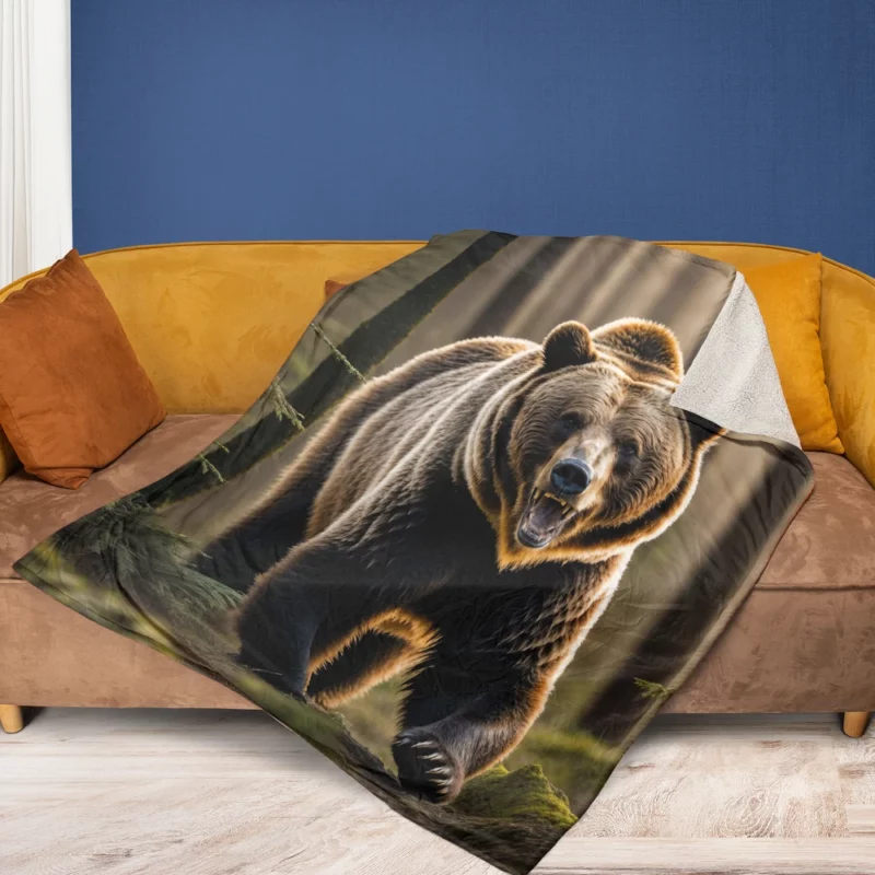 Grizzly Running Through the Jungle Fleece Blanket 1