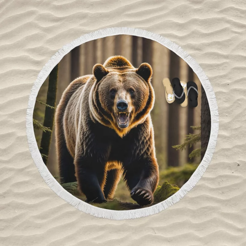 Grizzly Running Through the Jungle Round Beach Towel