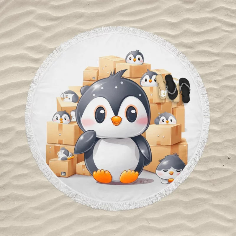 Group of Cute Penguins Round Beach Towel