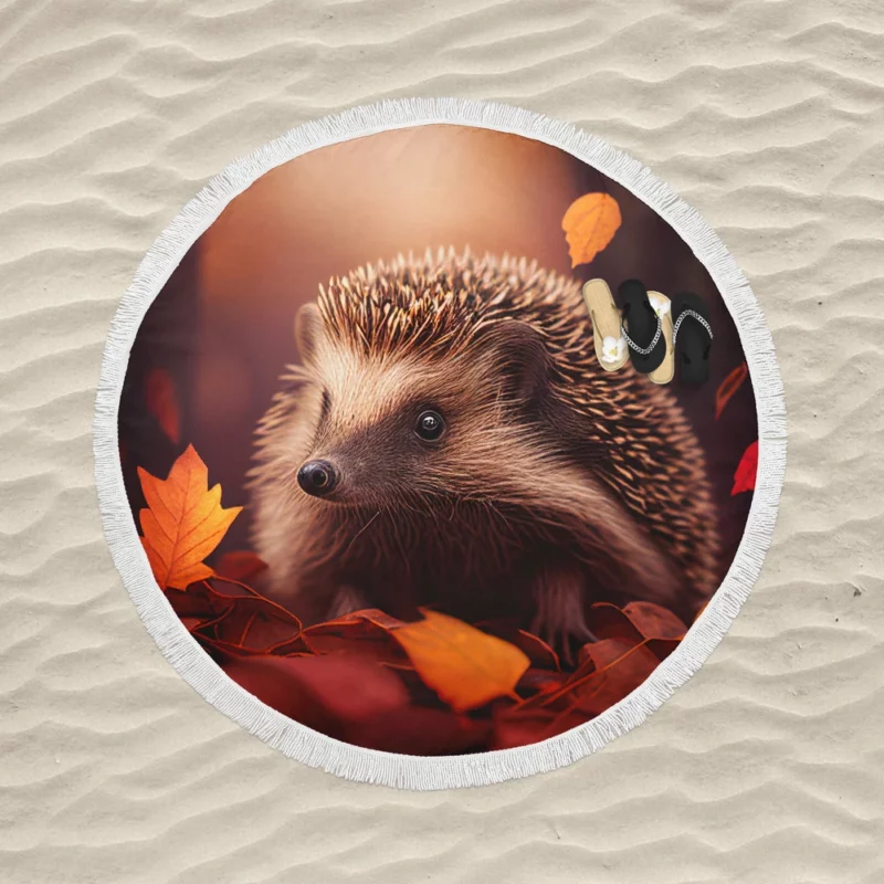 Hedgehog in Autumn Forest Round Beach Towel