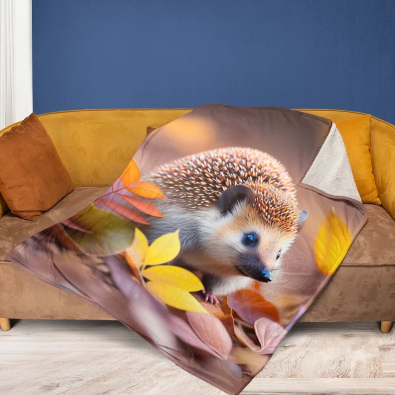 Hedgehog in Autumn Leaves Fleece Blanket 1