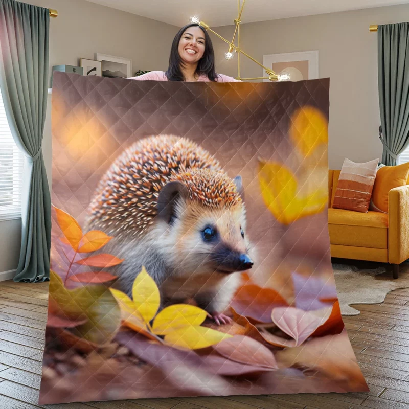 Hedgehog in Autumn Leaves Quilt Blanket