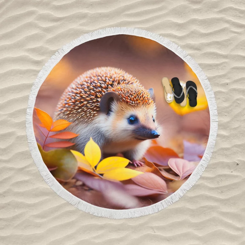 Hedgehog in Autumn Leaves Round Beach Towel