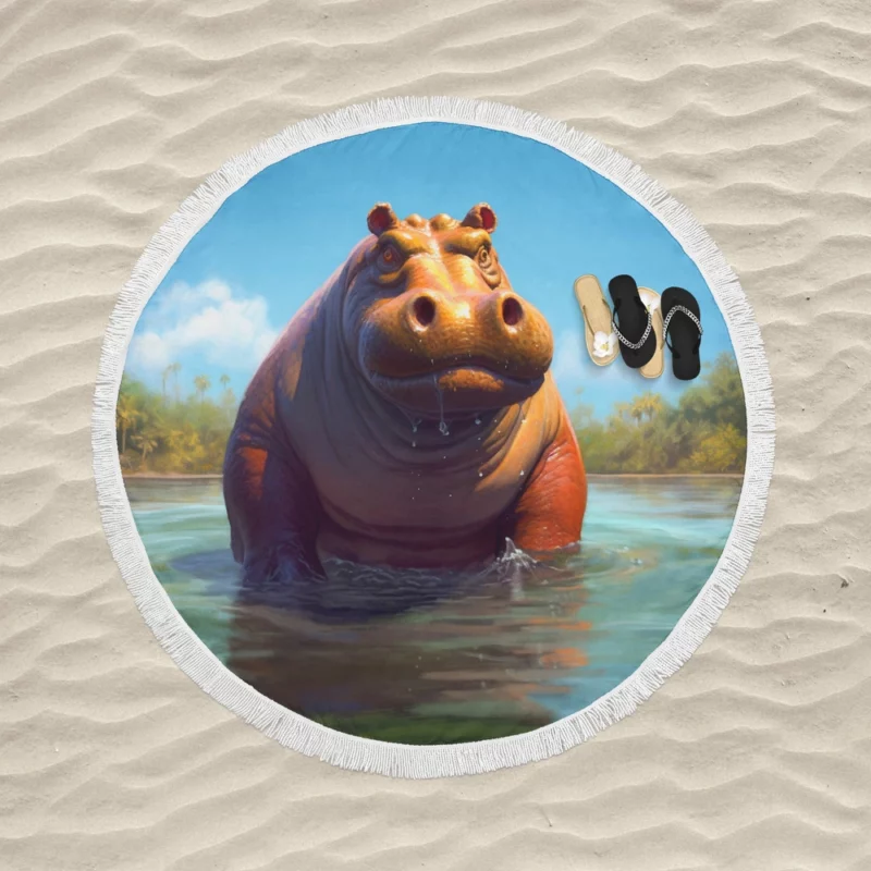 Hippo Portrait Round Beach Towel