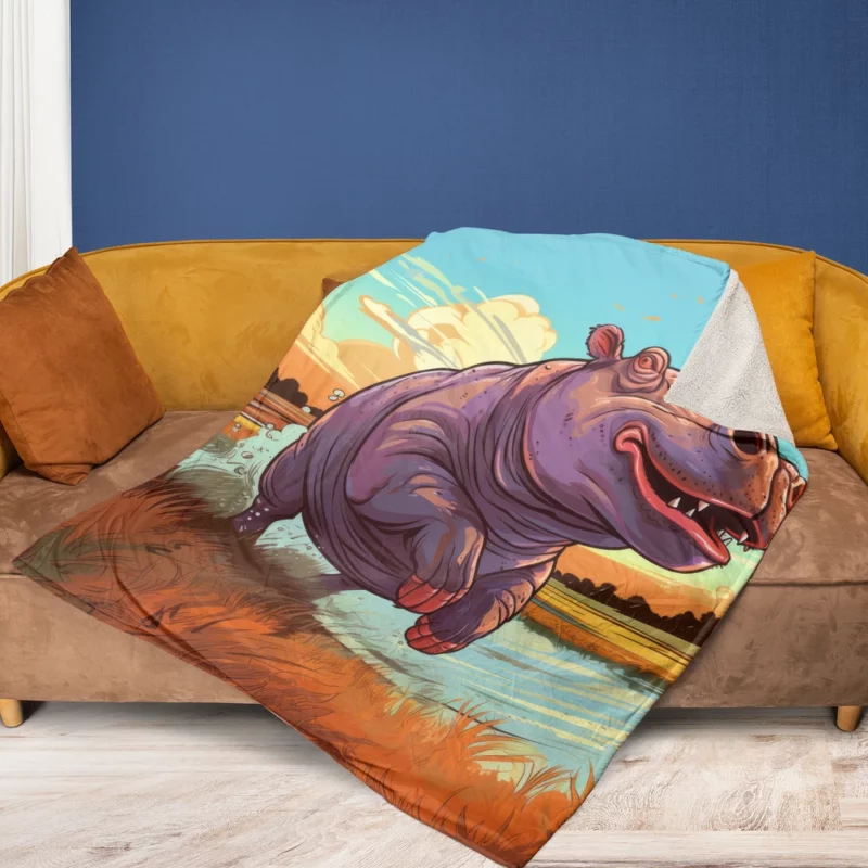 Hippo Sprinting Through Exotic Lands Fleece Blanket 1