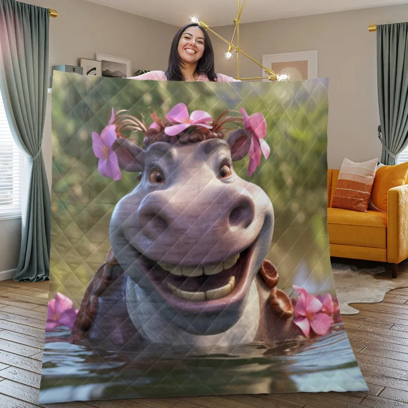 Hippo With Flower Crown Quilt Blanket