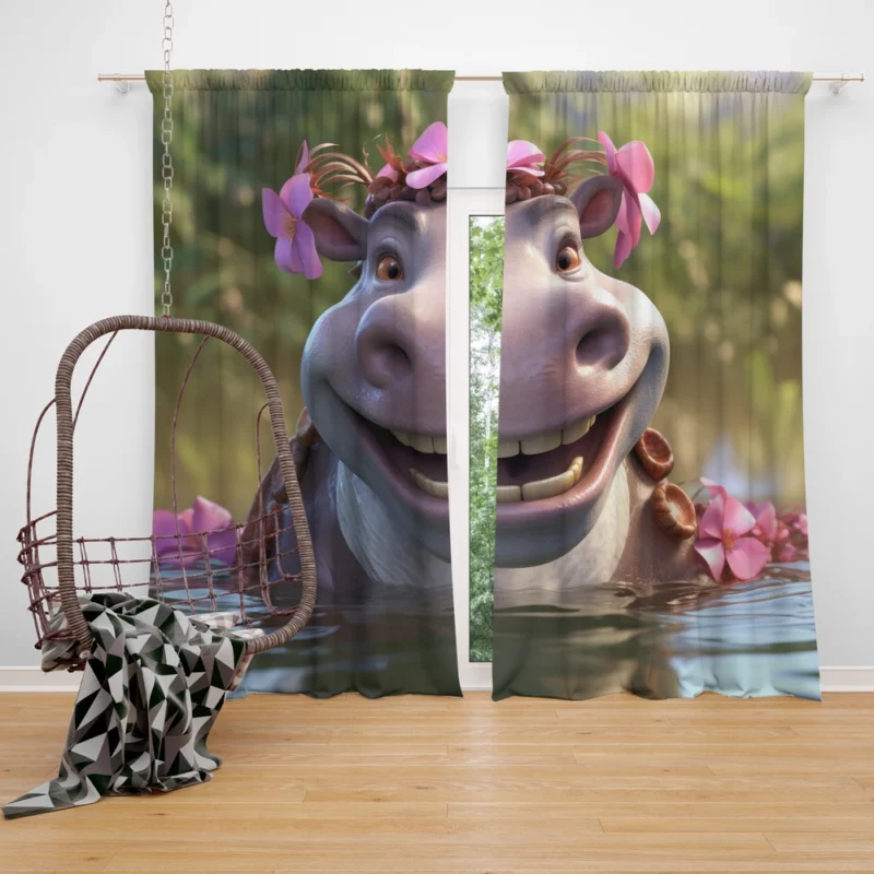 Hippo With Flower Crown Window Curtain