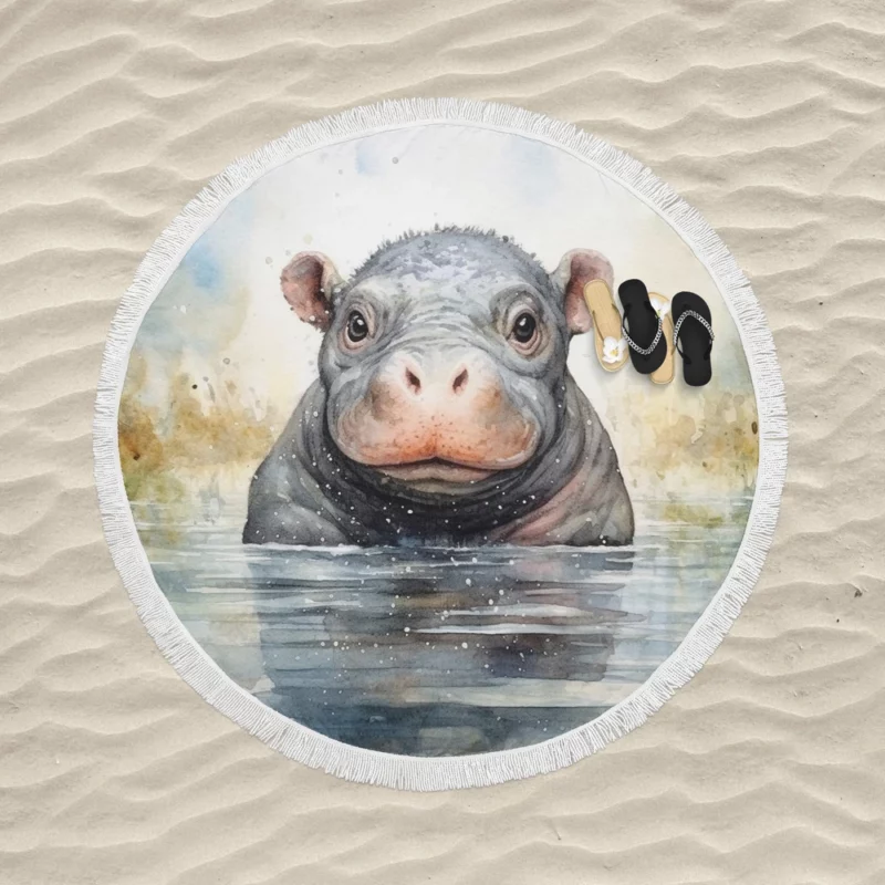 Hippo With a Scarf Round Beach Towel