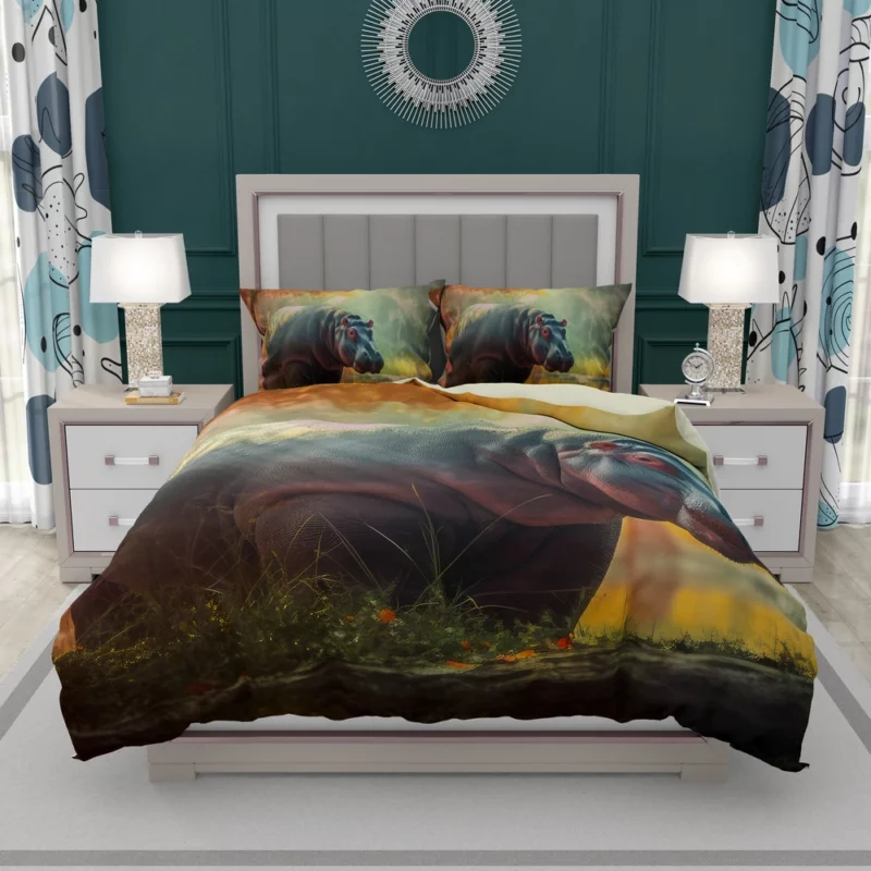 Hippo in a Watercolor Forest Bedding Set 2