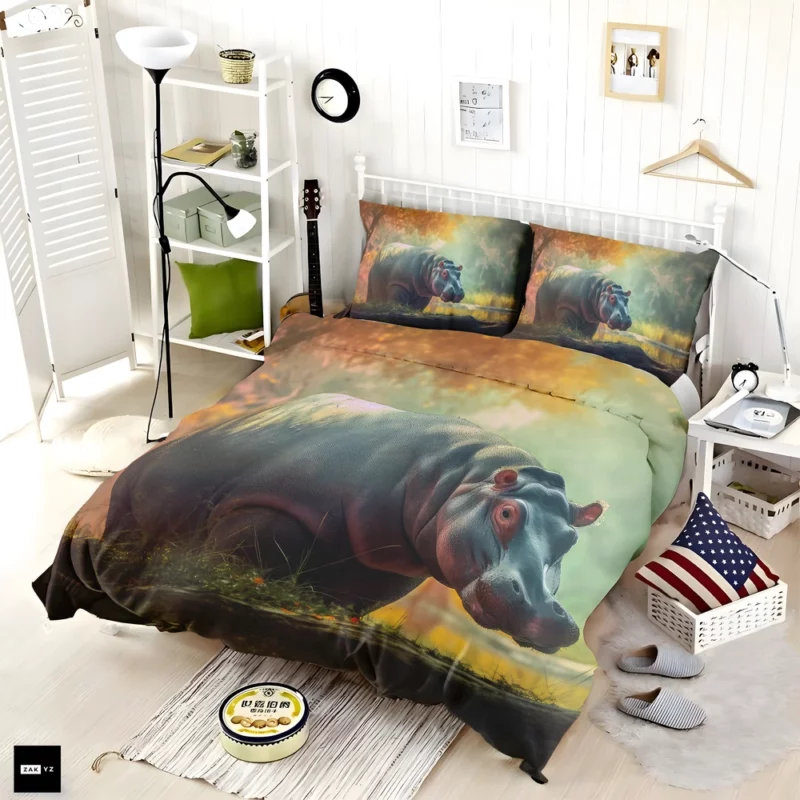 Hippo in a Watercolor Forest Bedding Set