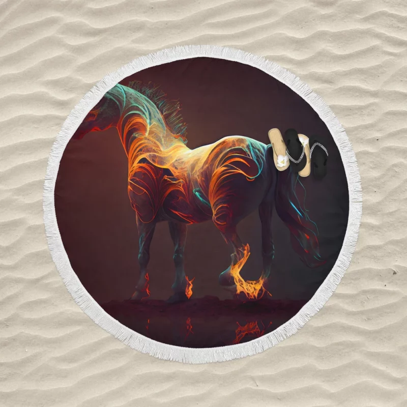 Horse With Fire Effect Round Beach Towel