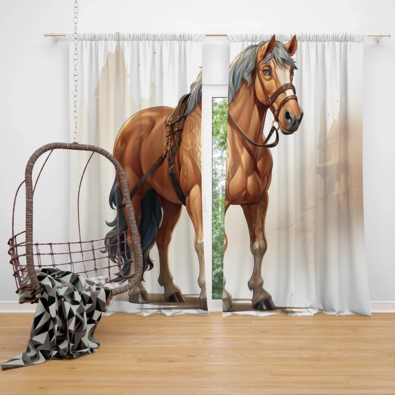 Horse in Front of Building Window Curtain