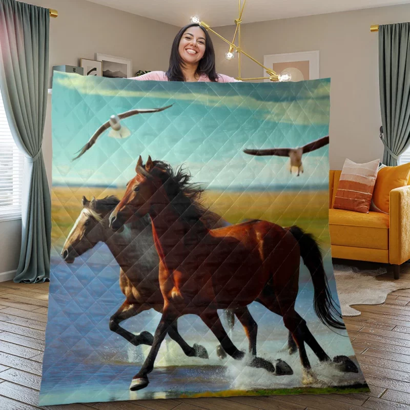 Horses Running by Lakes Quilt Blanket