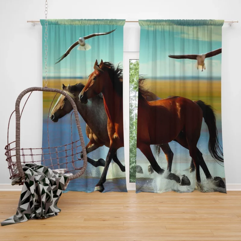 Horses Running by Lakes Window Curtain