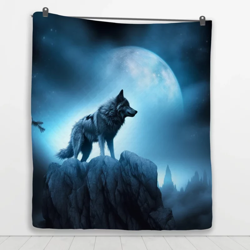 Howling Wolf in Moonlit Mountain Night Quilt Blanket 1