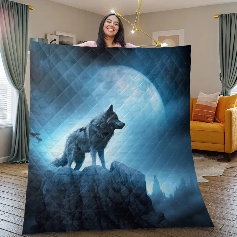 Howling Wolf in Moonlit Mountain Night Quilt Blanket