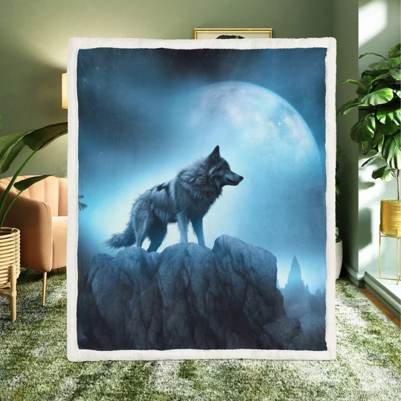 Howling Wolf in Moonlit Mountain Night Sherpa Fleece Blanket