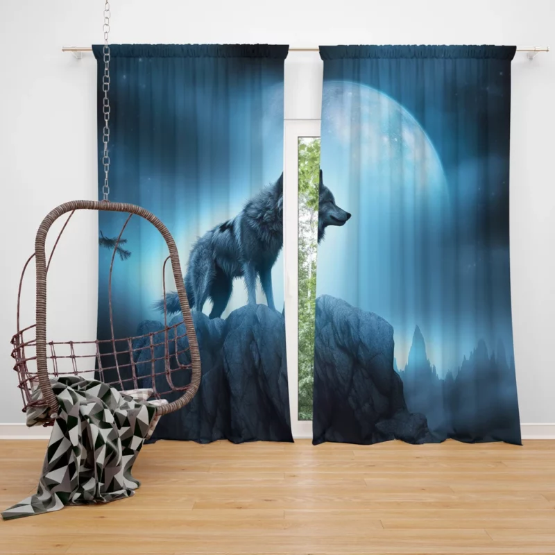 Howling Wolf in Moonlit Mountain Night Window Curtain