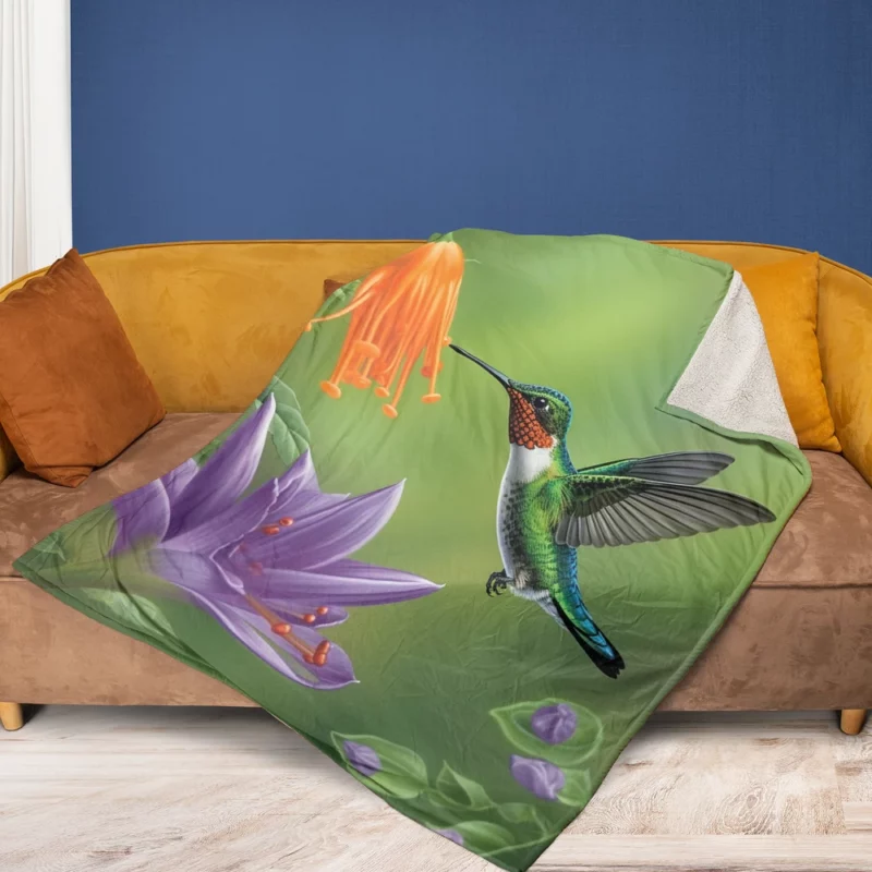 Hummingbird Feeding From Flower Fleece Blanket 1