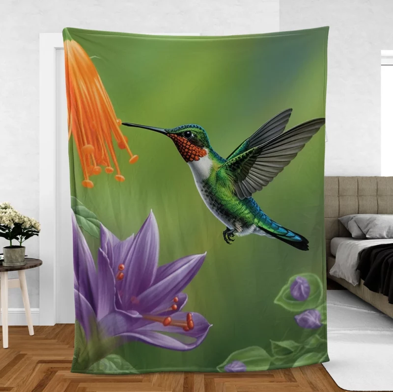 Hummingbird Feeding From Flower Fleece Blanket