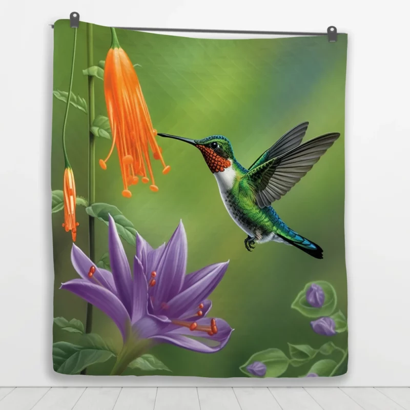 Hummingbird Feeding From Flower Quilt Blanket 1