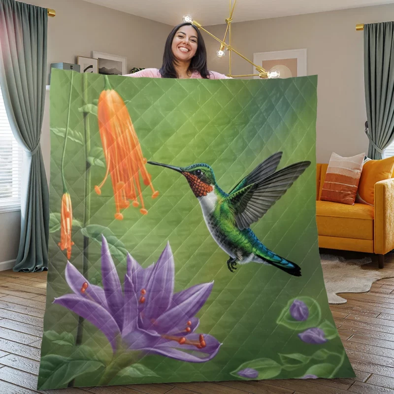 Hummingbird Feeding From Flower Quilt Blanket