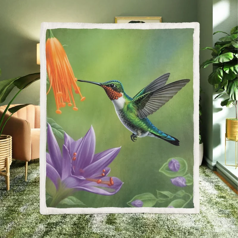 Hummingbird Feeding From Flower Sherpa Fleece Blanket