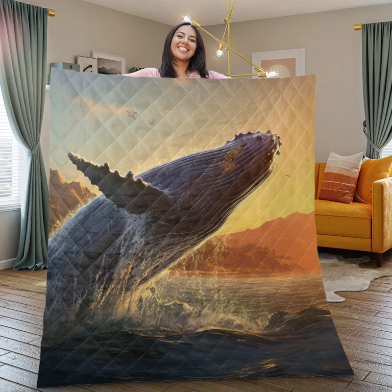 Humpback Whale Jumping from Ocean Quilt Blanket