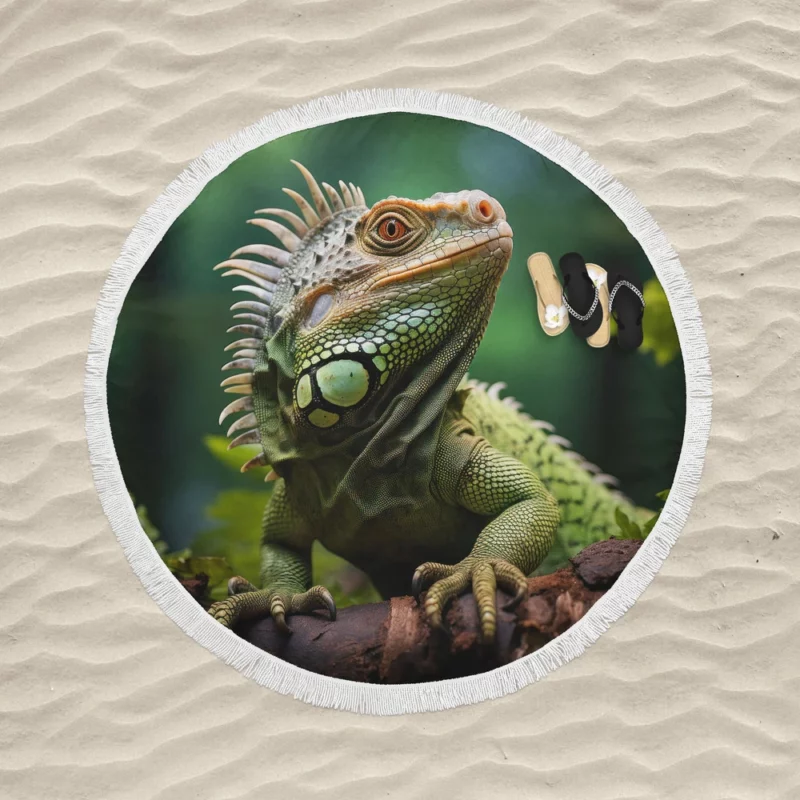 Iguana in the Wild AI Photography Round Beach Towel