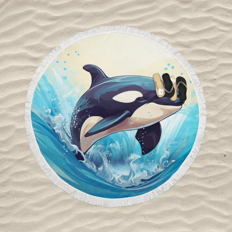 Jumping Orca Cartoon Round Beach Towel