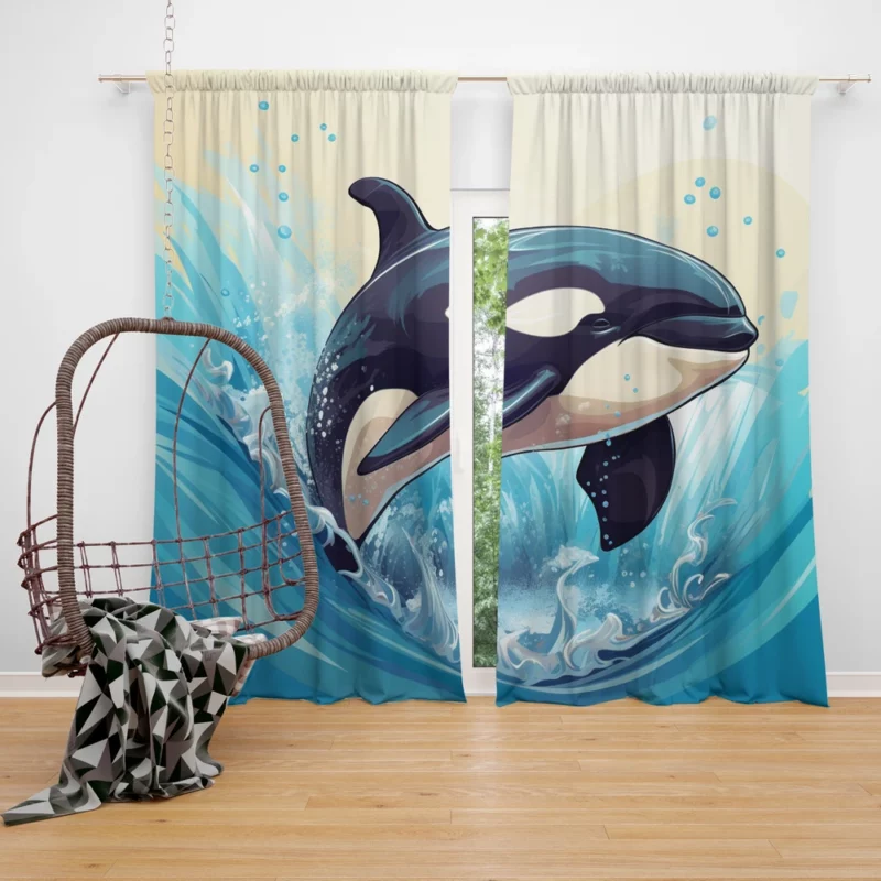 Jumping Orca Cartoon Window Curtain