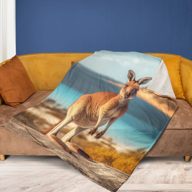 Kangaroo on Australian Beach Fleece Blanket 1