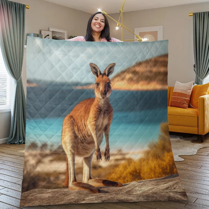Kangaroo on Australian Beach Quilt Blanket