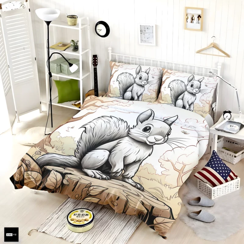 Kids Coloring Page with Cheerful Squirrel Bedding Set