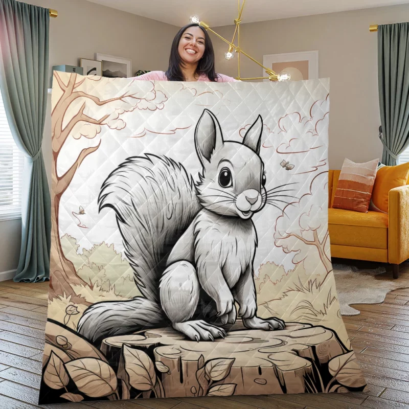 Kids Coloring Page with Cheerful Squirrel Quilt Blanket