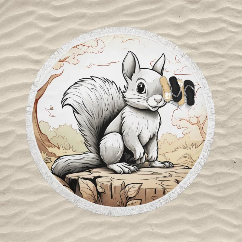 Kids Coloring Page with Cheerful Squirrel Round Beach Towel