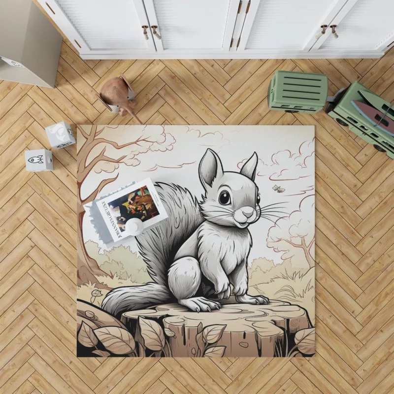 Kids Coloring Page with Cheerful Squirrel Rug