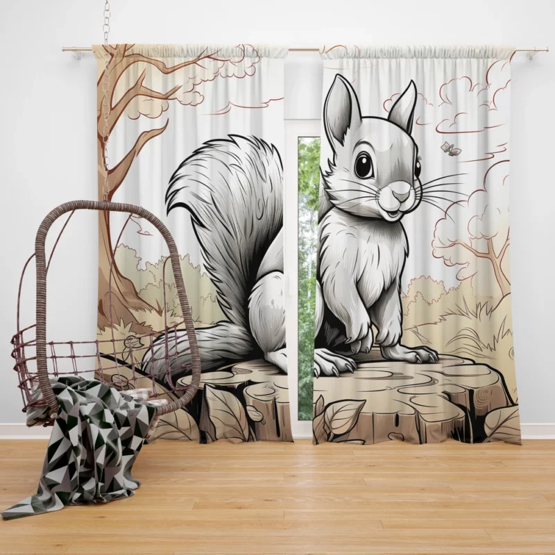 Kids Coloring Page with Cheerful Squirrel Window Curtain