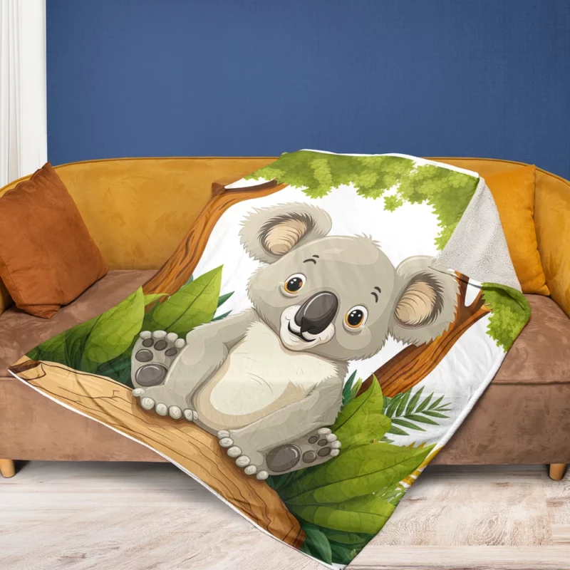 Koala Bear Cartoon on White Fleece Blanket 1