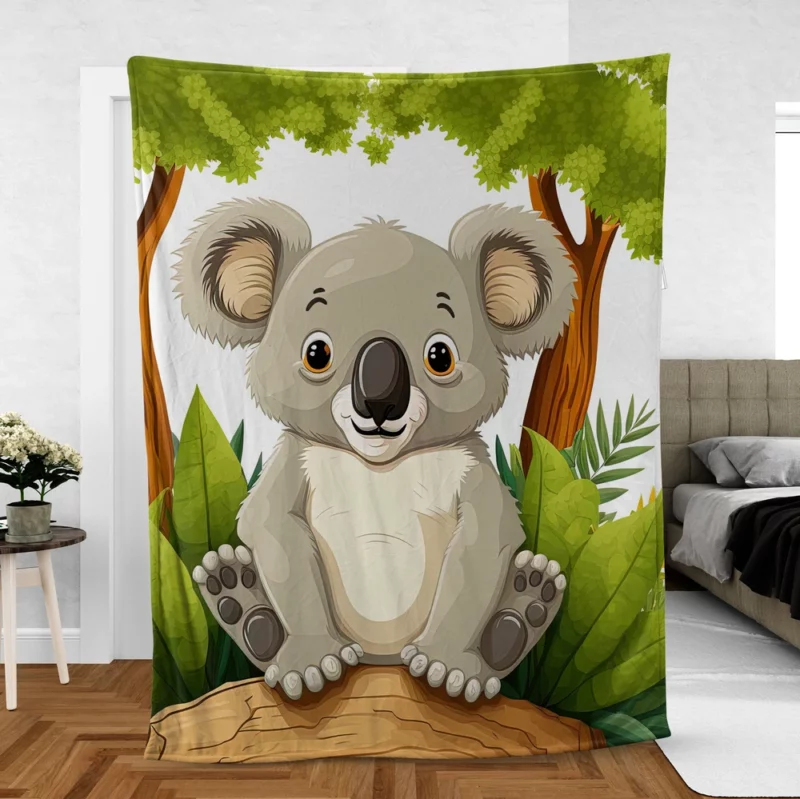 Koala Bear Cartoon on White Fleece Blanket