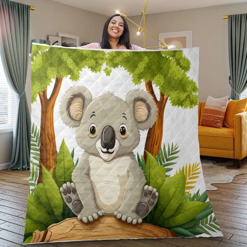 Koala Bear Cartoon on White Quilt Blanket