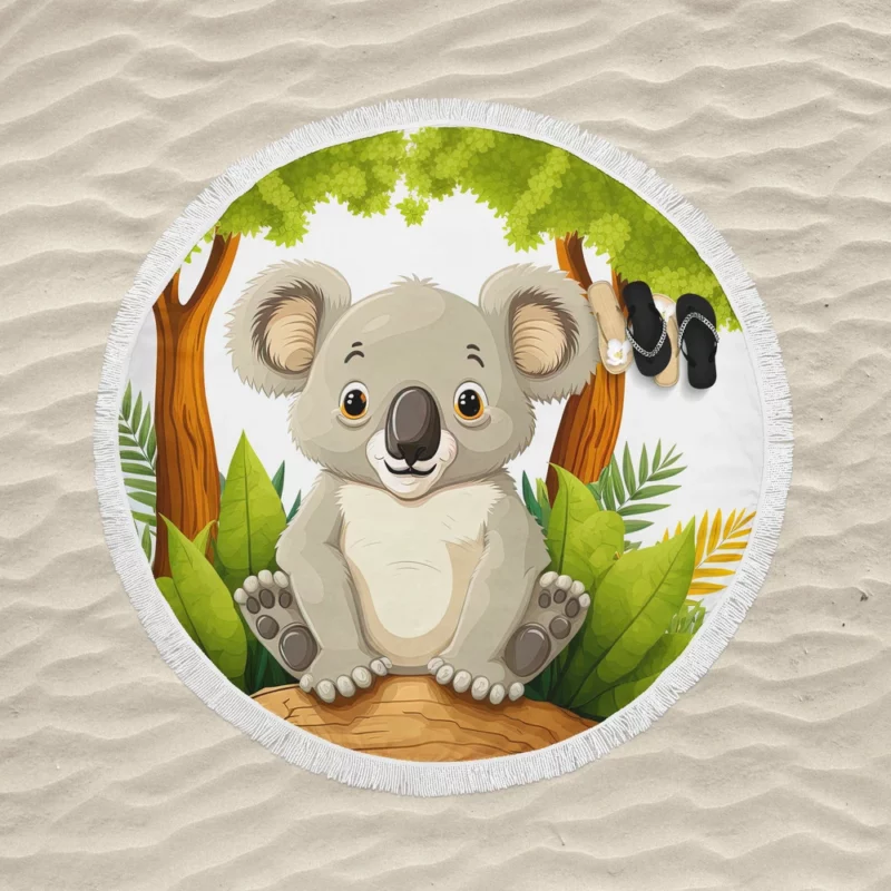 Koala Bear Cartoon on White Round Beach Towel