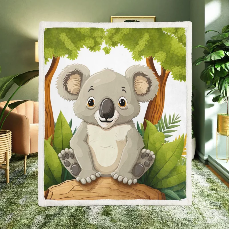 Koala Bear Cartoon on White Sherpa Fleece Blanket