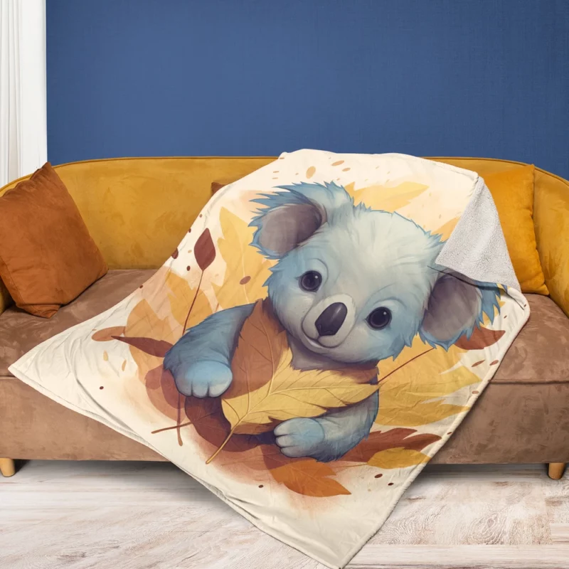 Koala Holding Eucalyptus Leaf Fleece Blanket 1