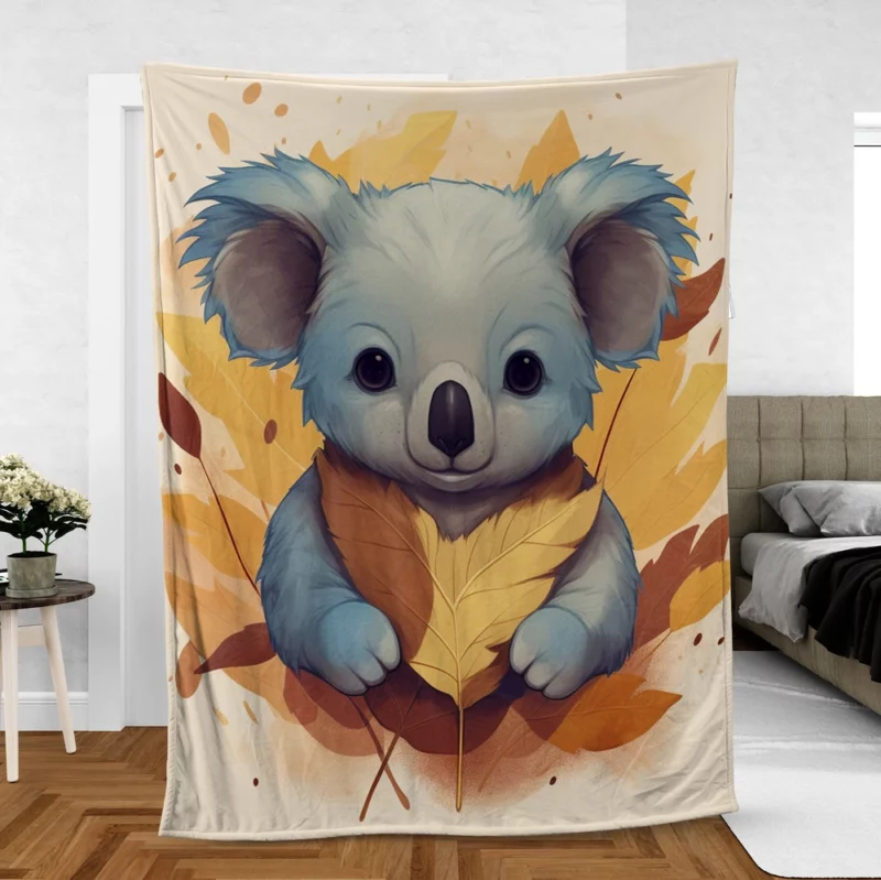 Koala Holding Eucalyptus Leaf Fleece Blanket