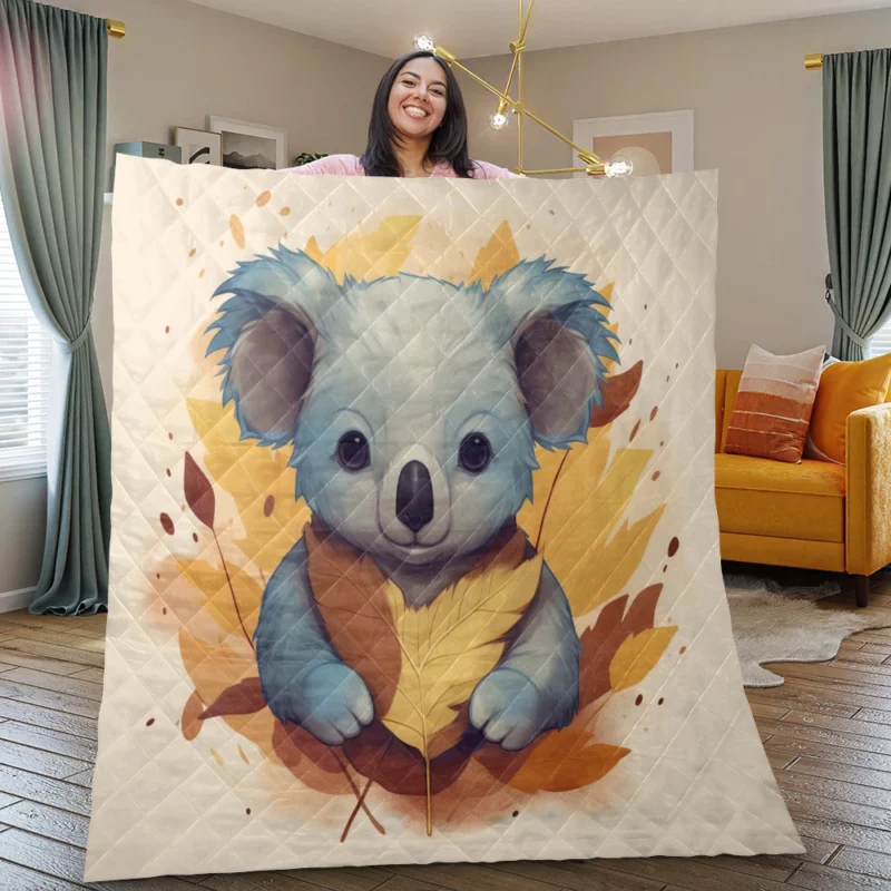 Koala Holding Eucalyptus Leaf Quilt Blanket