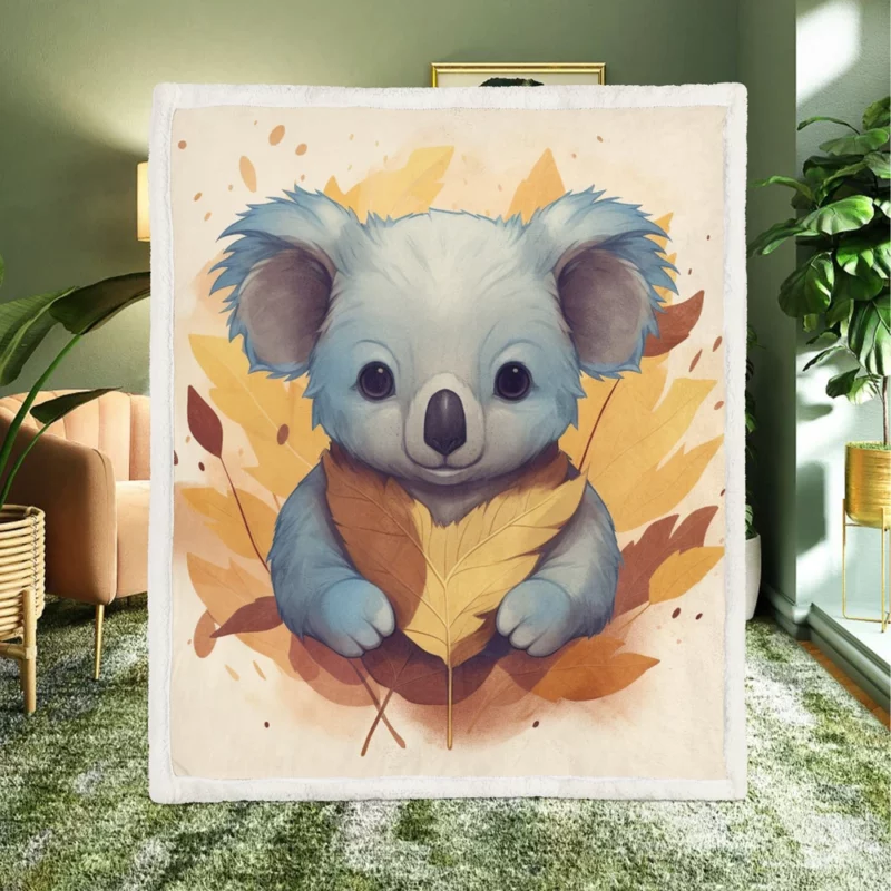 Koala Holding Eucalyptus Leaf Sherpa Fleece Blanket